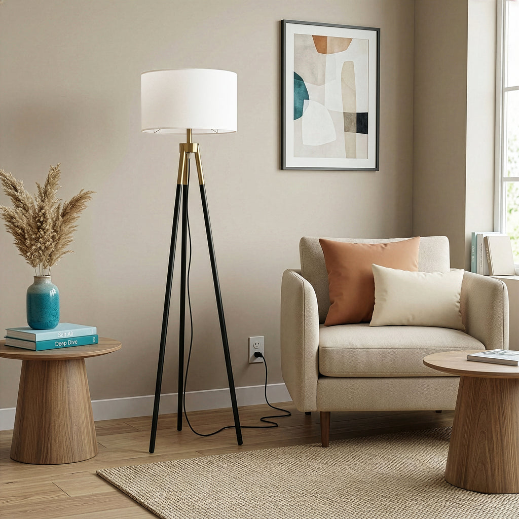 Brass Gold Tripod Floor Lamp, Triple Legs, White Fabric Shade, Black & Gold Finish
