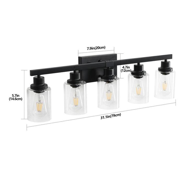 Dimension diagram for Modern Farmhouse 5-Light Bathroom Vanity Light, Matte Black, 31 in. over Mirror