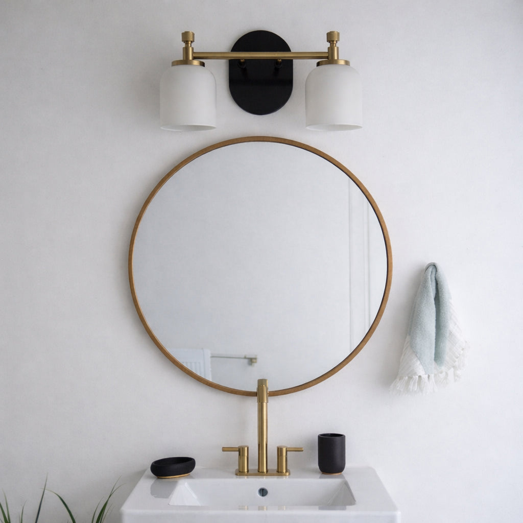 Traditional 2-Light Vanity Wall Sconce, White Frosted Glass, Black and Gold for Bathroom — detail view 3