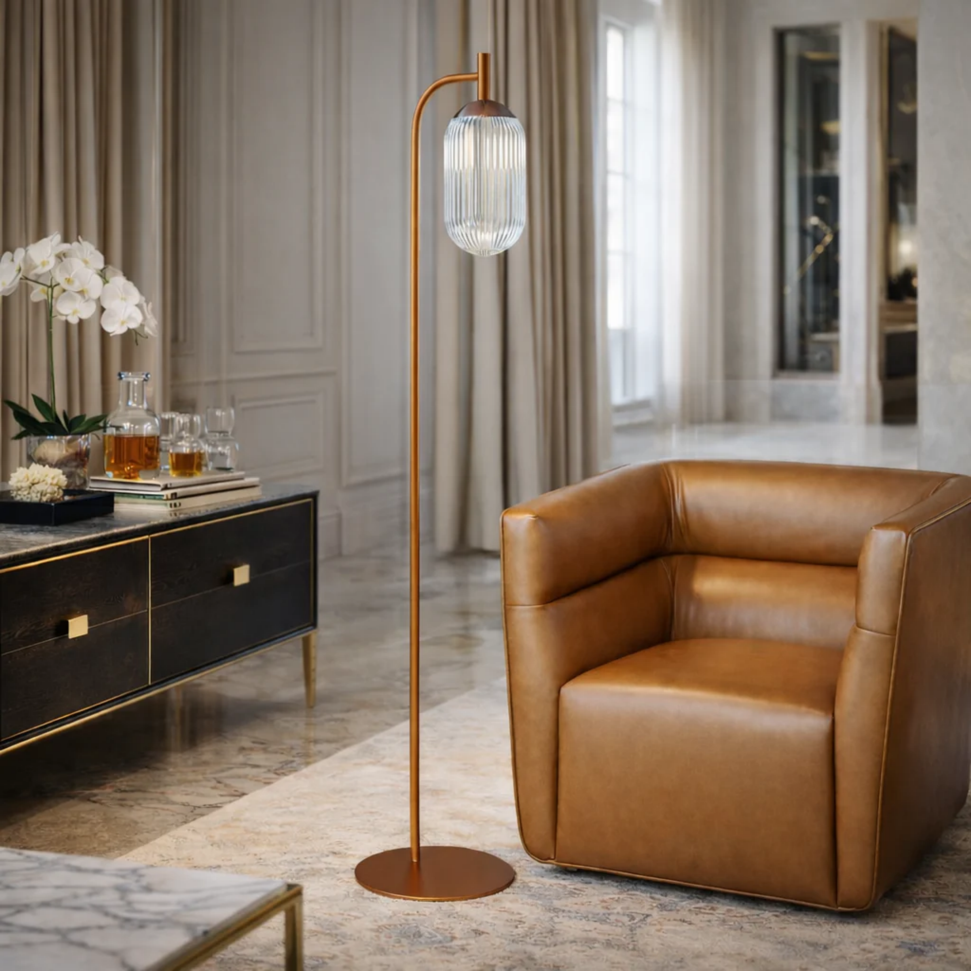 Classic Modern Floor Lamp, Upward Lighting Design, Bronze & Clear Finish