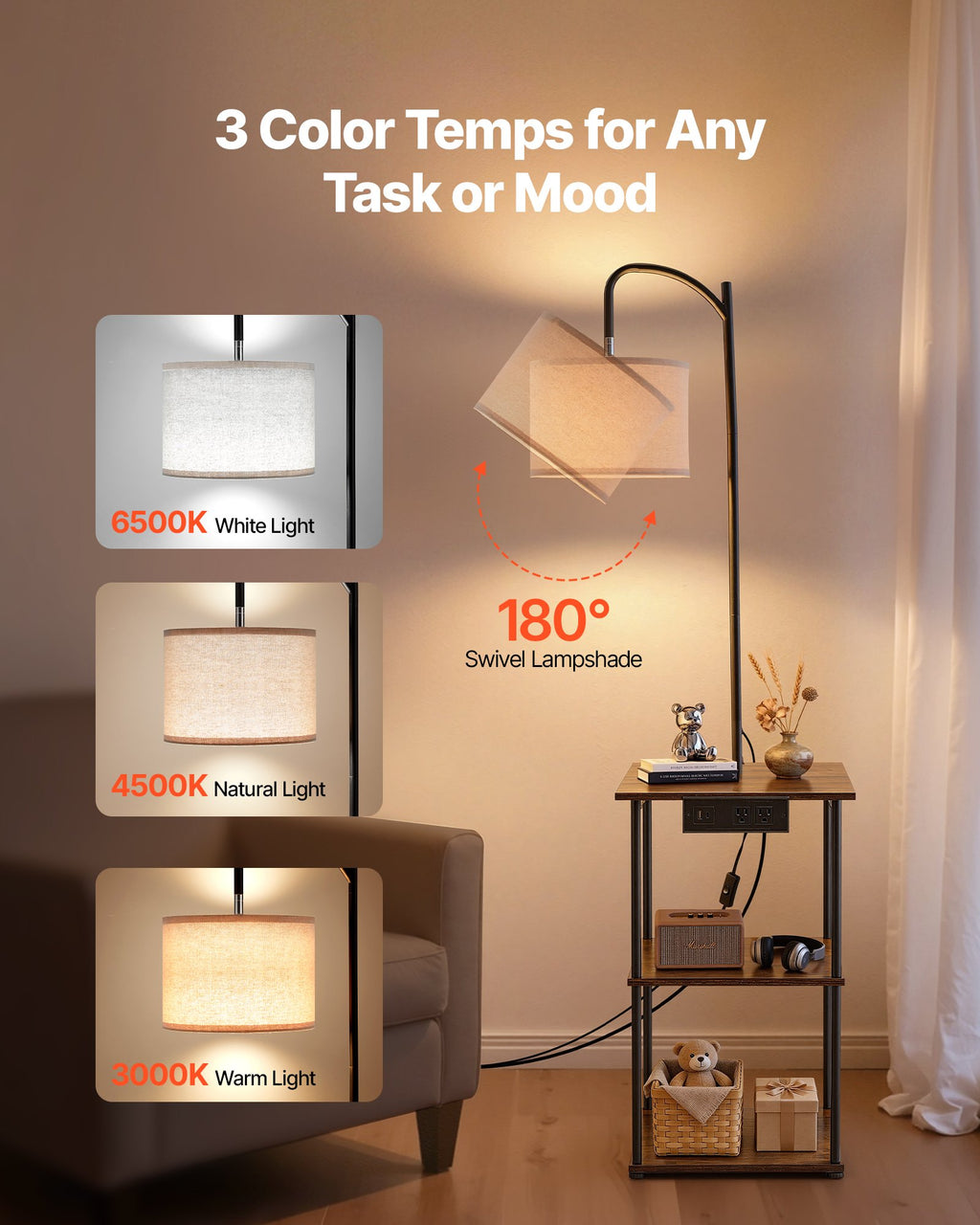 Farmhouse Industrial Floor Lamp with End Table, Storage Shelf & Charging Port, Black Finish