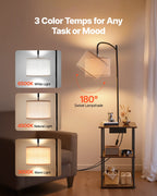 Farmhouse Industrial Floor Lamp with End Table, Storage Shelf & Charging Port, Black Finish