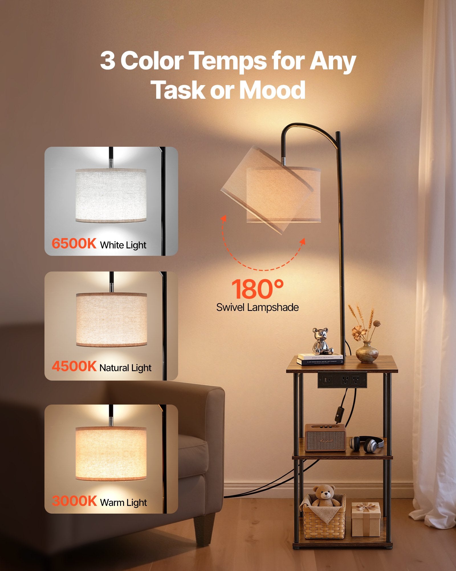 Farmhouse Industrial Floor Lamp with End Table, Storage Shelf & Charging Port, Black Finish