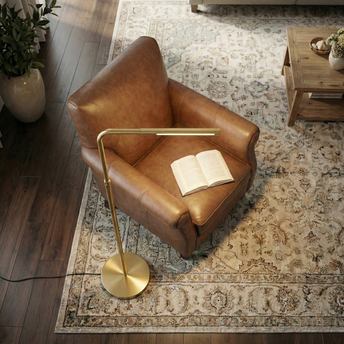 Brass Gold LED Floor Lamp, Adjustable Light, Round Metal Base — detail view 4