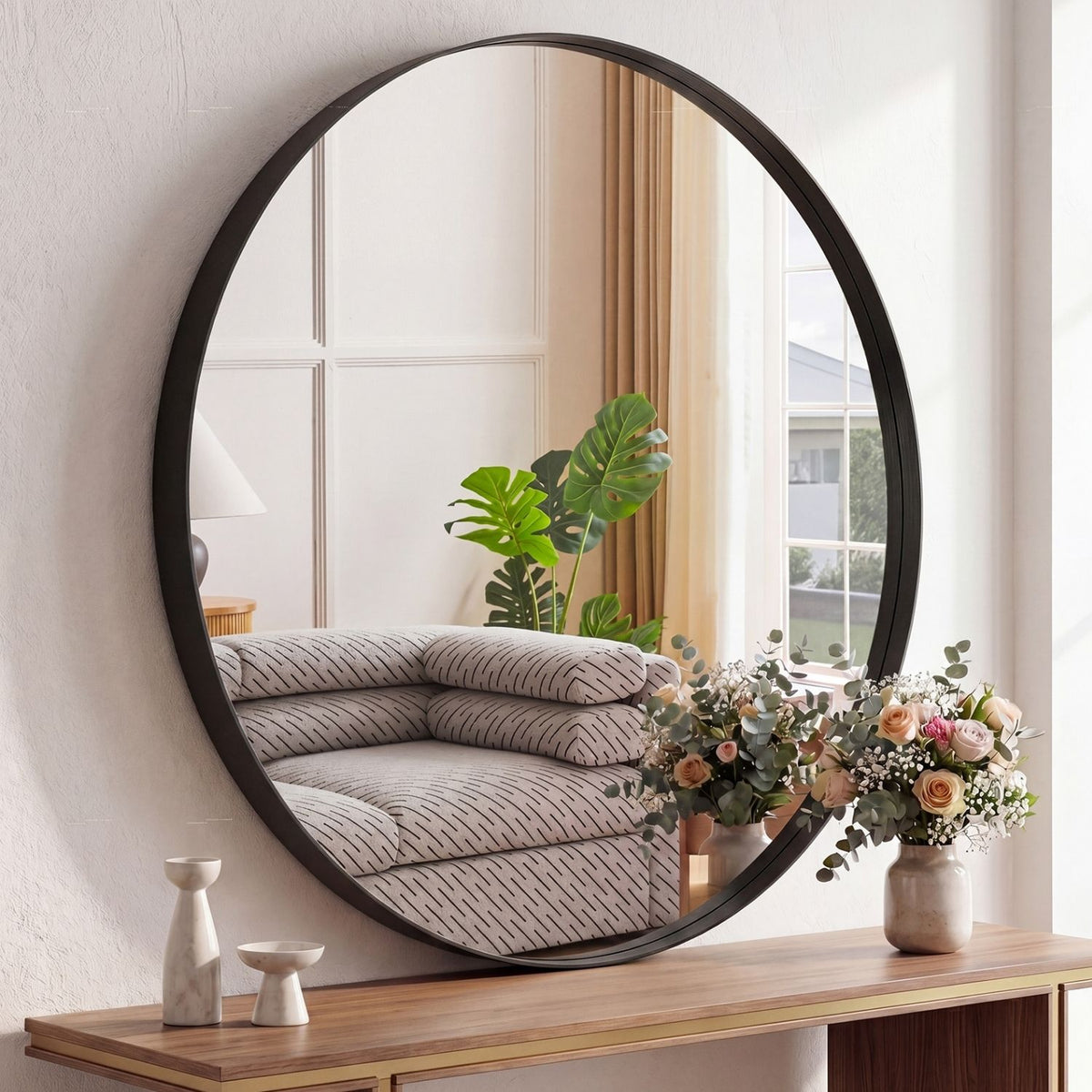 Round Metal Frame Wall Mirror, Slim Circular Border, Black or Gold, 20 to 28 in. for Living Room — Black · 30 in