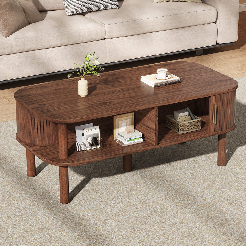 Scandinavian Coffee Table with Roller Door, Walnut Finish