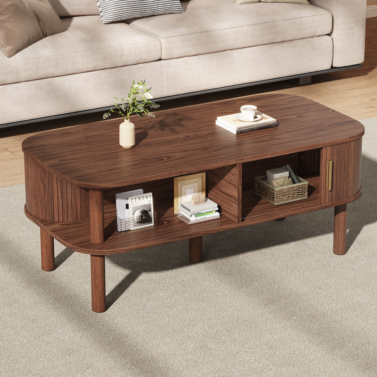 Scandinavian Coffee Table with Roller Door, Walnut Finish