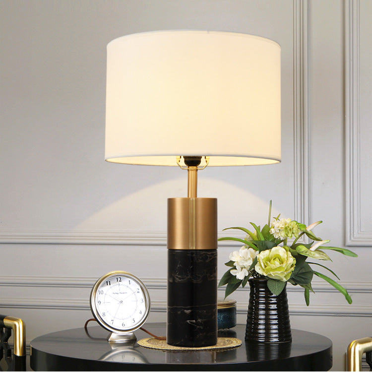 White Marble and Brass Table Lamp, White Drum Shade, 22 Inch
