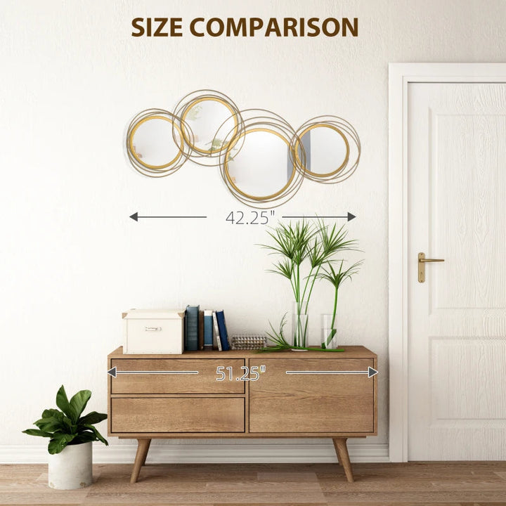 Dimension diagram for Round Metal Wall Mirror, Asymmetrical Circle Frame, Gold for Entryway