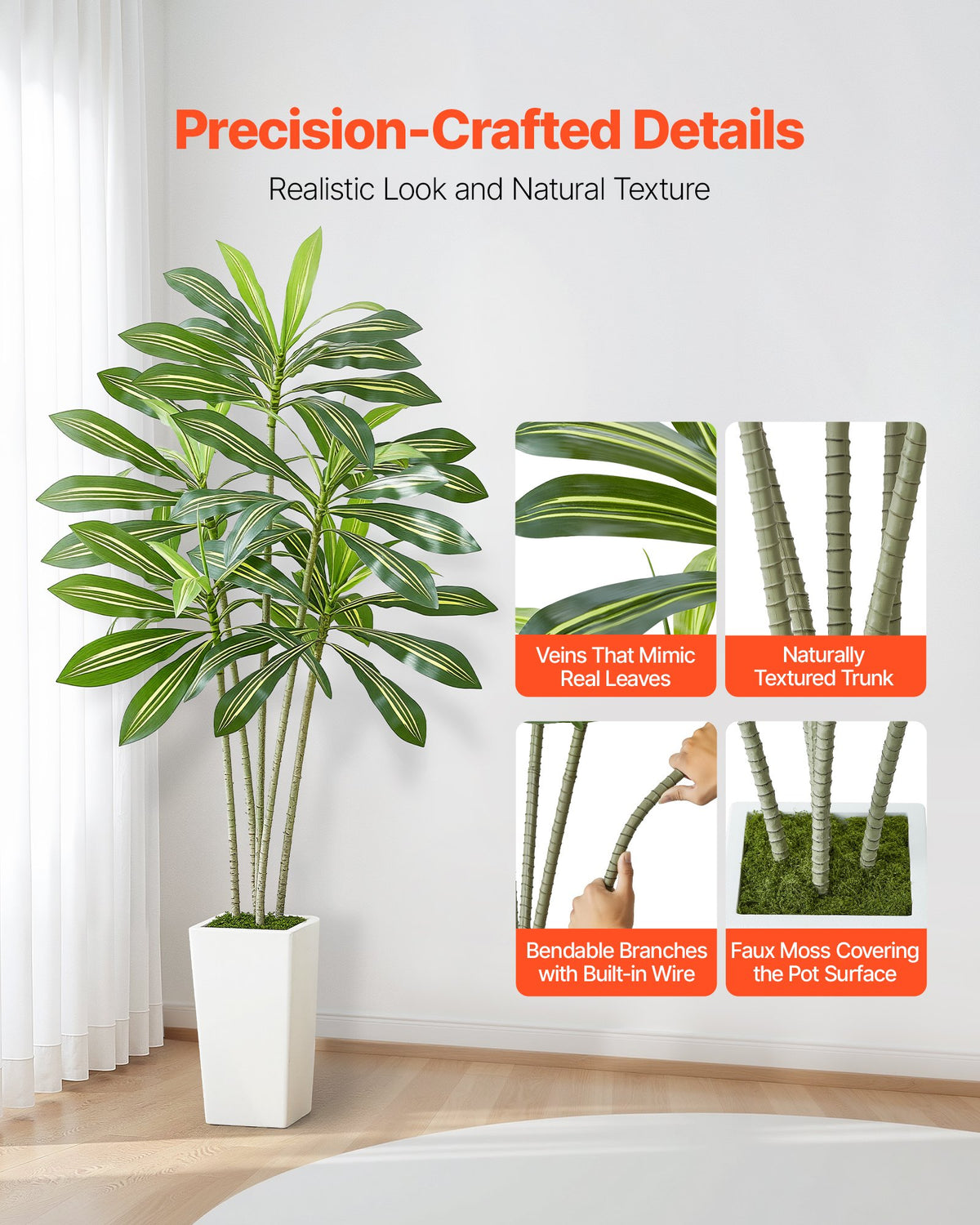 Artificial Dracaena Tree, 6 ft Faux Plant with White Planter, Green, for Living Room — detail view 3
