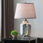 Ink Wash Ceramic Table Lamp, Copper Accents, Gray Linen Shade