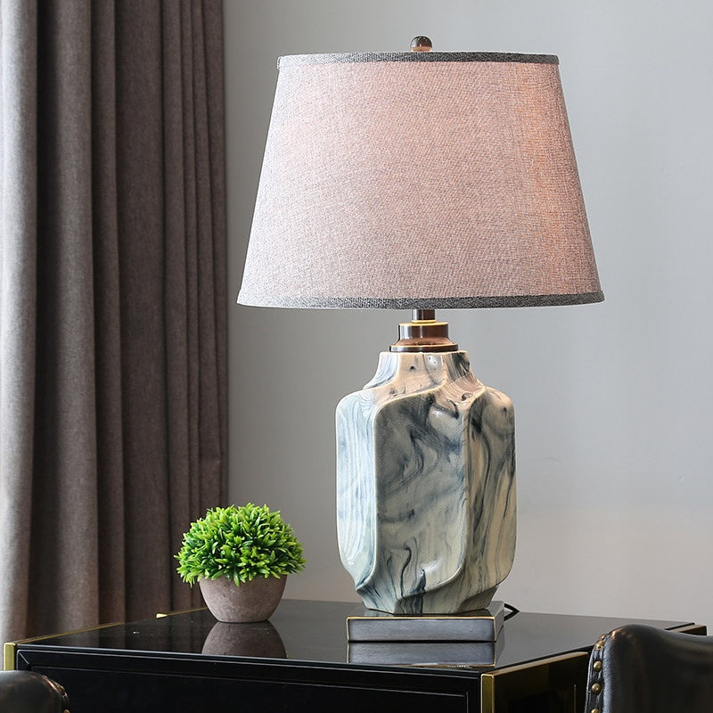 Ink Wash Ceramic Table Lamp, Copper Accents, Gray Linen Shade