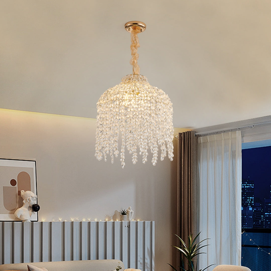 Crystal 5-Light Waterfall Chandelier, Cascading Bead Strings, Gold Finish, 16 in.