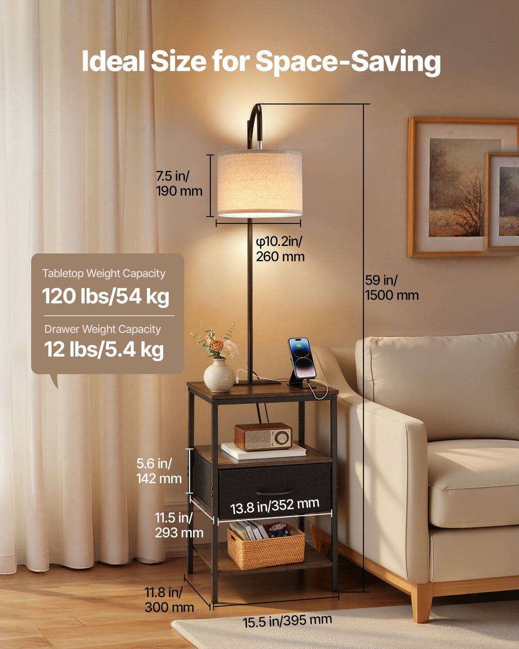 Farmhouse Metal Floor Lamp with End Table, Storage Shelf, Built-In Charging, Black Finish