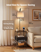 Farmhouse Metal Floor Lamp with End Table, Storage Shelf, Built-In Charging, Black Finish