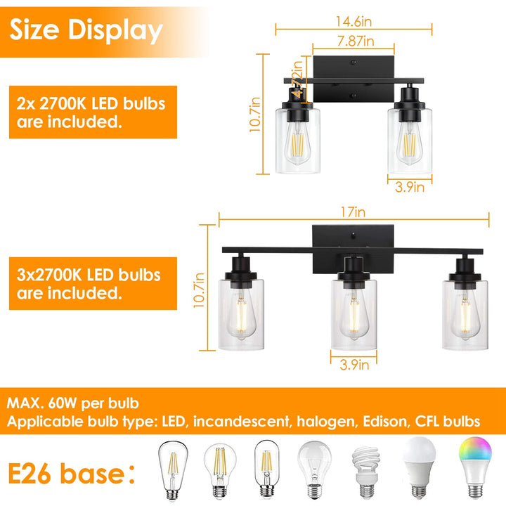 Dimension diagram for Modern 3-Light Wall Sconce, Clear Glass Shades, Matte Black Vanity Bar for Bathroom