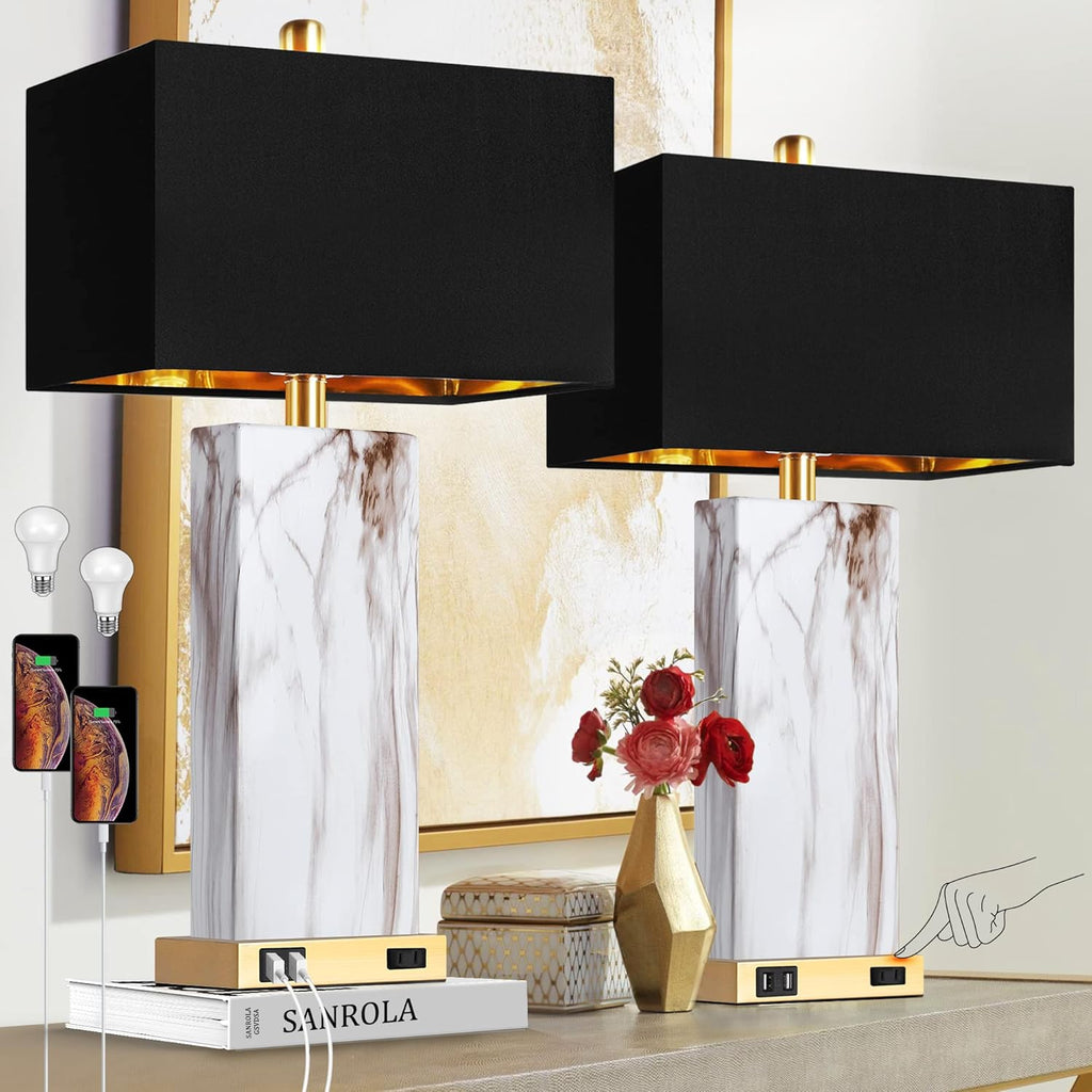 Marble Touch-Control Table Lamp with USB Charging Ports, Black Shade, Set of 2