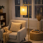 Tall Corner Floor Lamp, Bamboo Lampshade, Dark Brown & Gold Finish