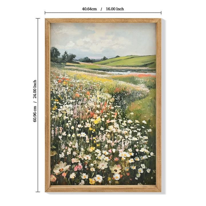 Dimension diagram for Vintage Framed Canvas Wall Art, Wildflower Meadow Landscape Print, Green and Ivory, for Dining Room