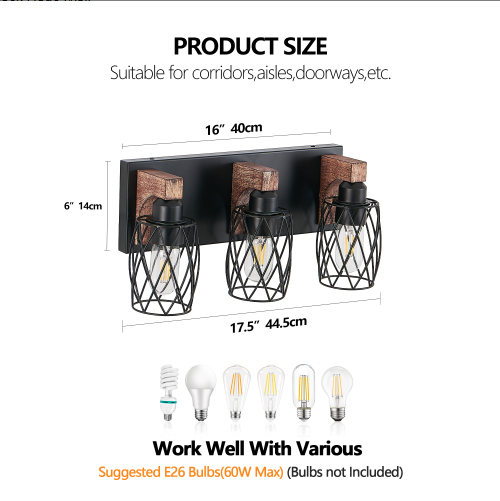 Dimension diagram for Industrial 3-Light Wall Sconce, Black Cage with Wooden Accents, Walnut and Black, 18 in., for Hallway