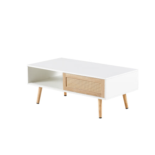 Rattan Coffee Table with Sliding Storage Door, 41 in