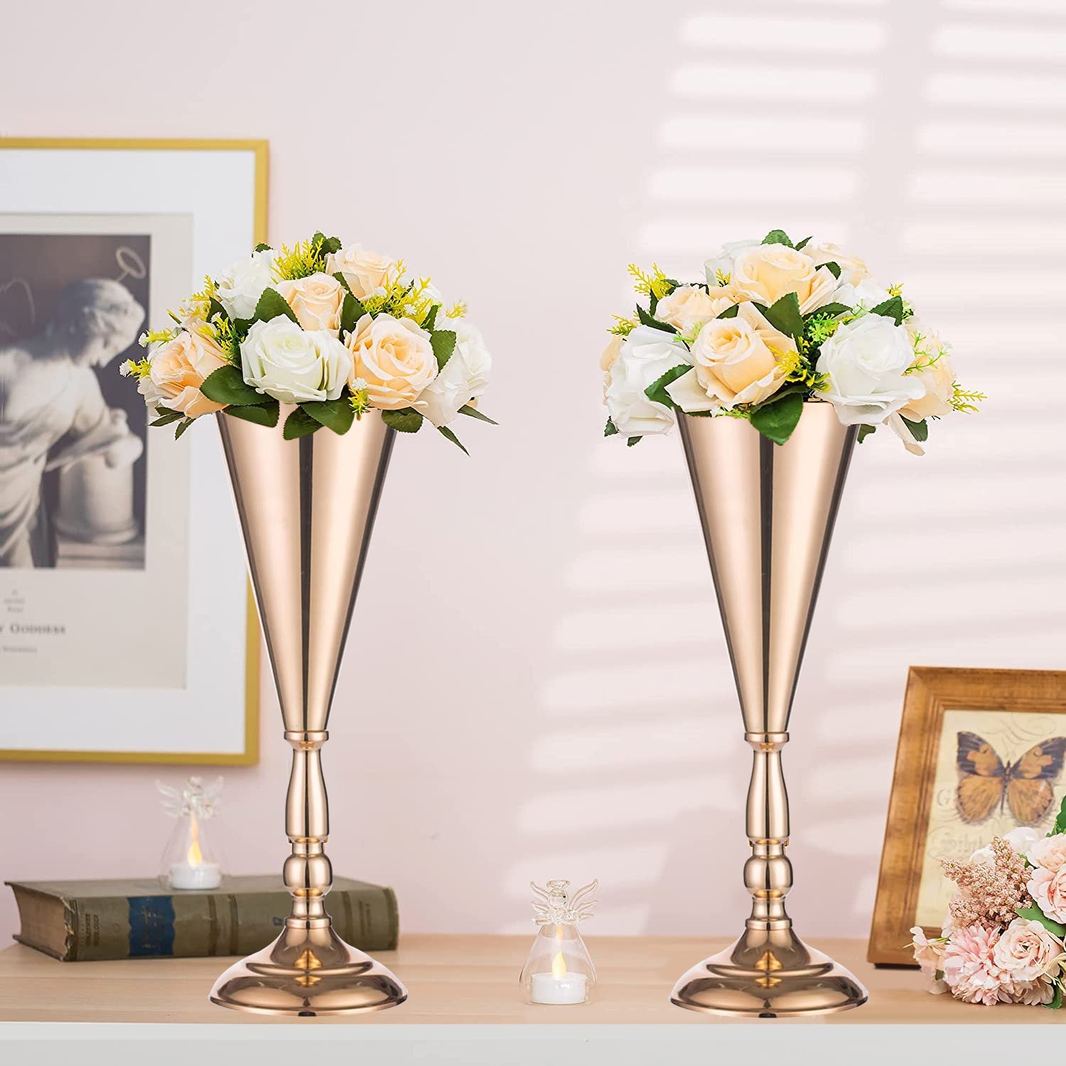 Golden Metal Trumpet Flower Vase, Wedding Centerpiece Decor, Set of 2