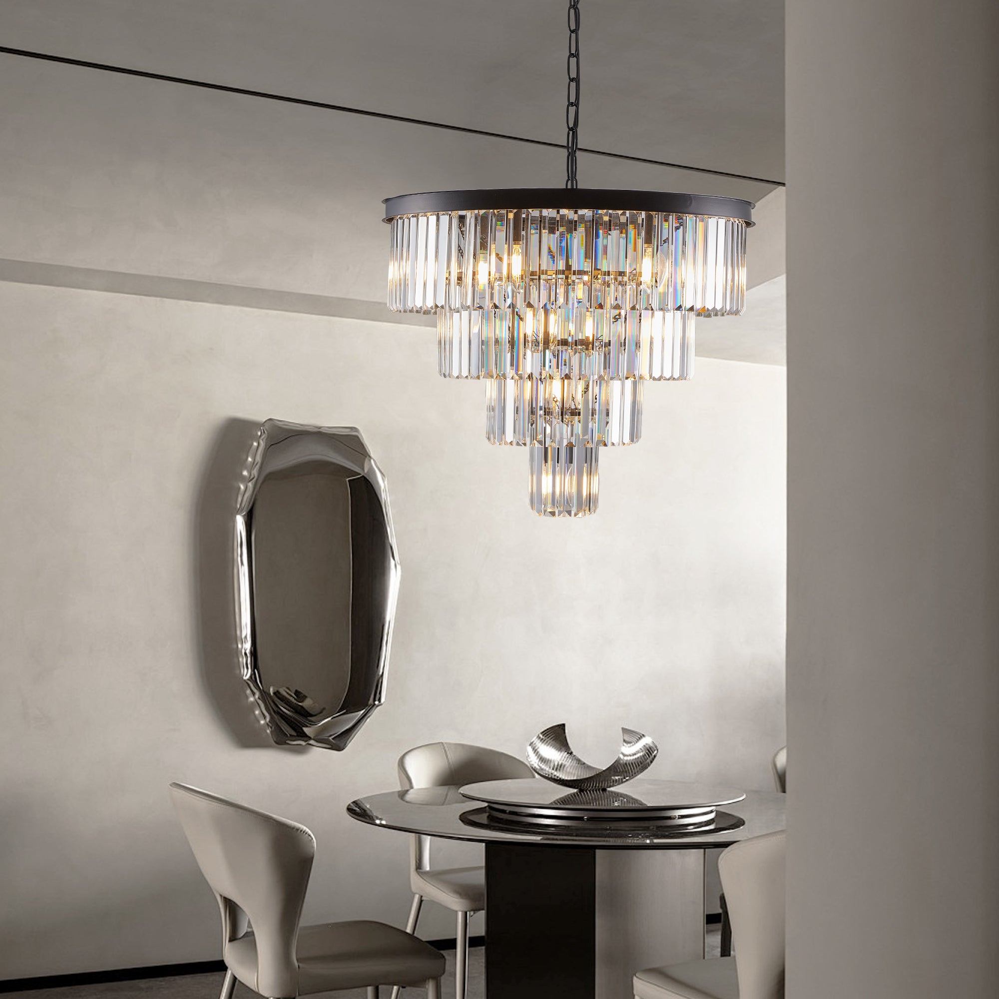 4-Tier K9 Crystal Chandelier, Black Iron Frame, 24 In. Wide