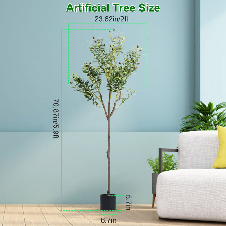 Dimension diagram for Artificial Olive Tree, 5.9 ft Faux Potted Plant with Fruit, Green, for Living Room