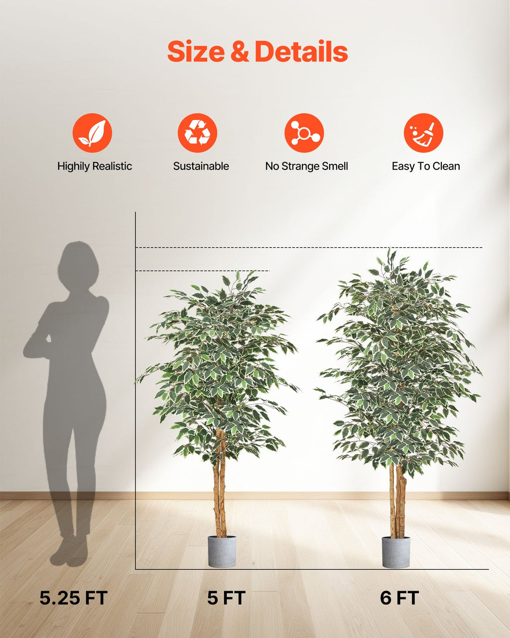 5FT Artificial Ficus Tree Tall Faux Plant With Black Pot For Indoor De