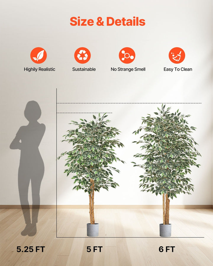 Dimension diagram for Artificial Ficus Tree, 5 ft Faux Plant with Gray Pot, Green, for Living Room Corner