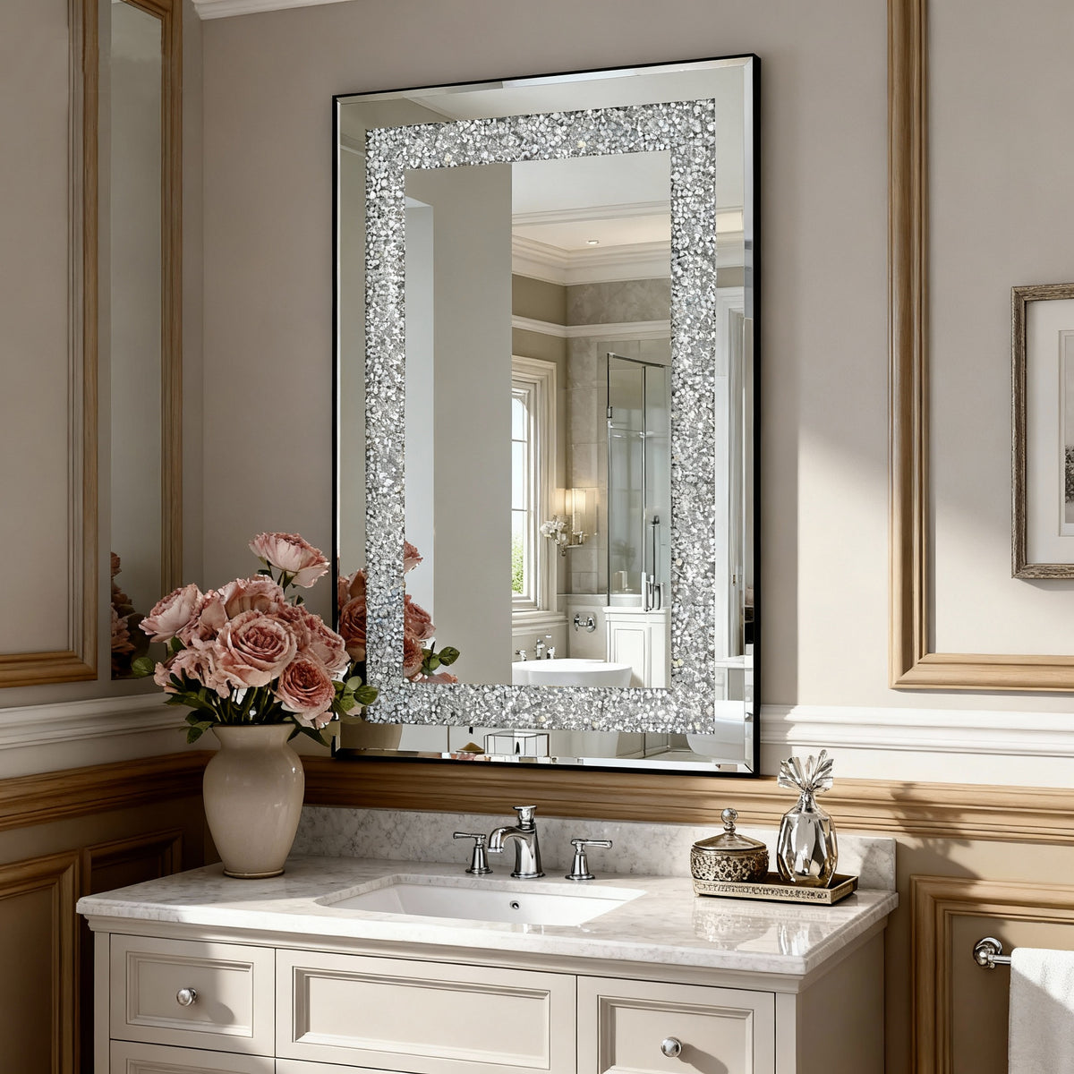 Crystal Crush Diamond Rectangular Wall Mirror, Beveled Glass, Silver, 36 x 24 in. for Living Room — detail view 2