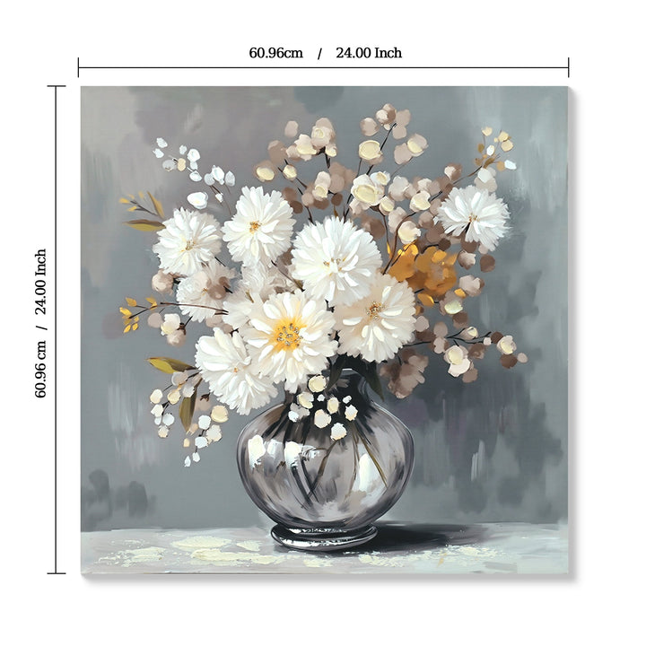 Dimension diagram for Chrysanthemum Vase Canvas Wall Art, Farmhouse Country Decor, White, for Bathroom
