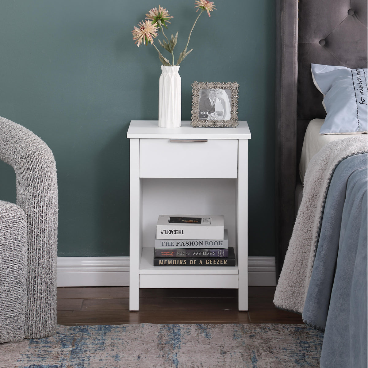 Three-Tier Nightstand with Storage Drawer, Retro White