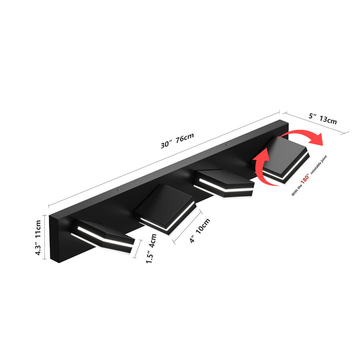 Dimension diagram for Modern LED Vanity Light Bar, Geometric Heads, Matte Black, 4 or 5 Light