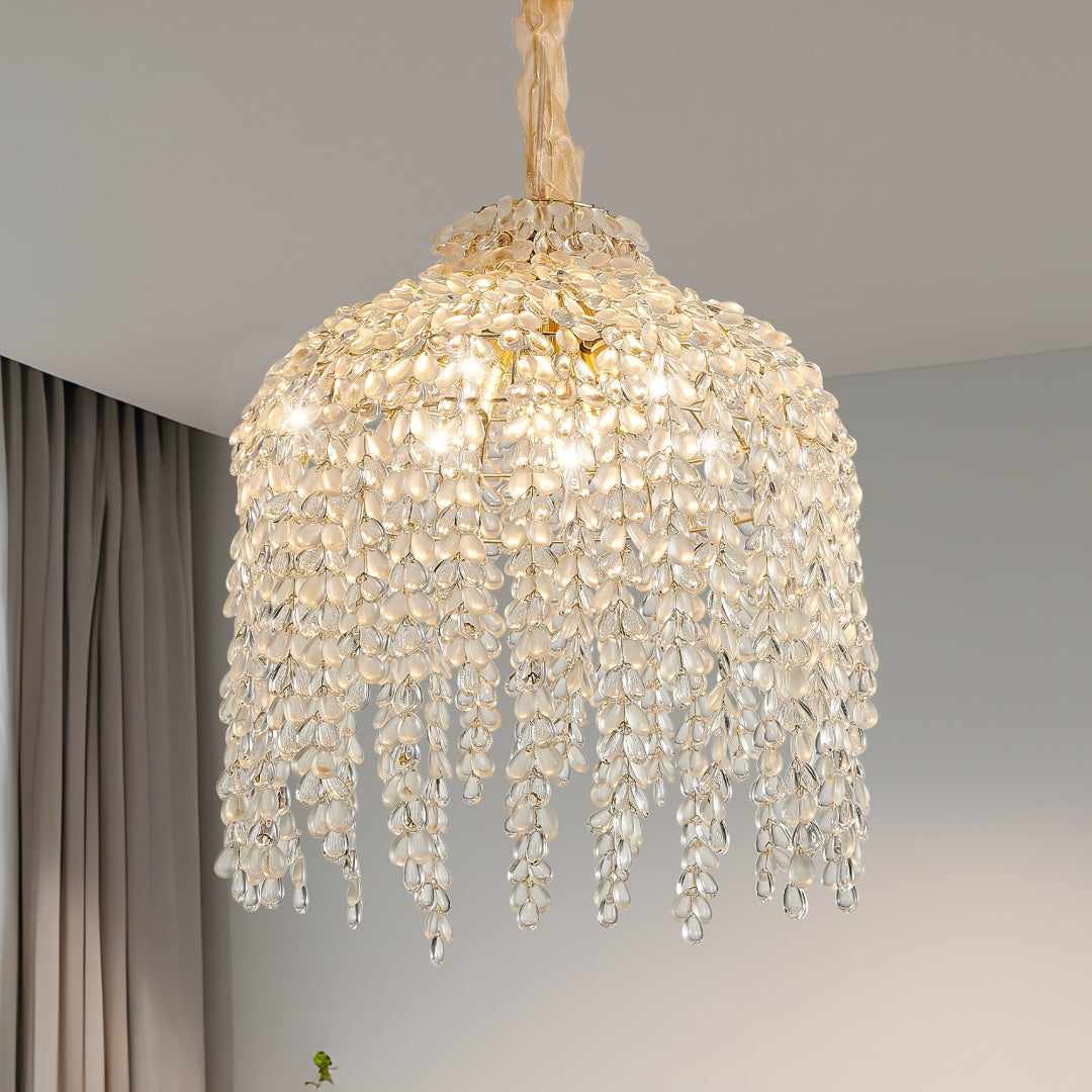 Crystal 5-Light Waterfall Chandelier, Cascading Bead Strings, Gold Finish, 16 in.