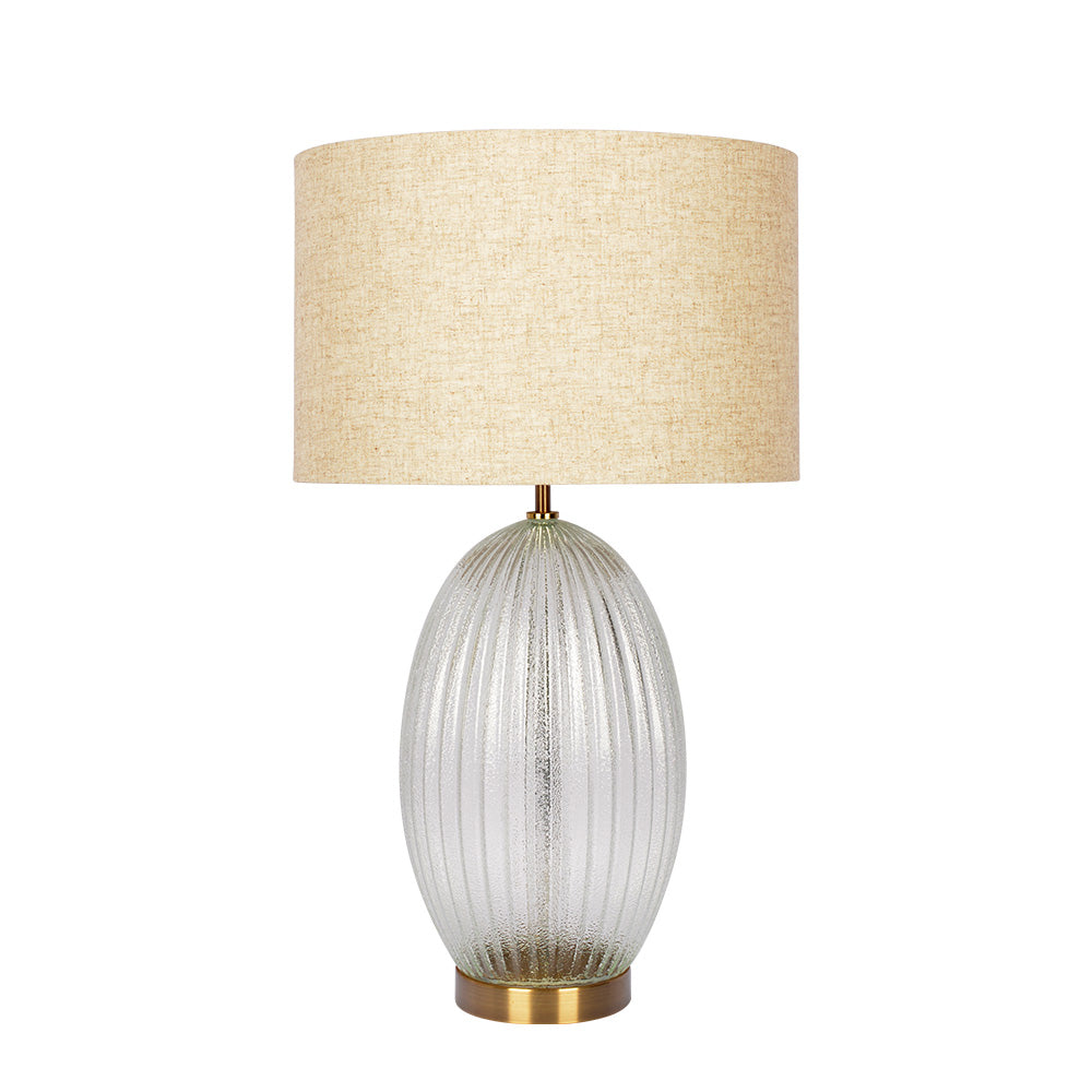 Ribbed Glass Table Lamp with Large Linen Shade, Clear and Gold Finish — detail view