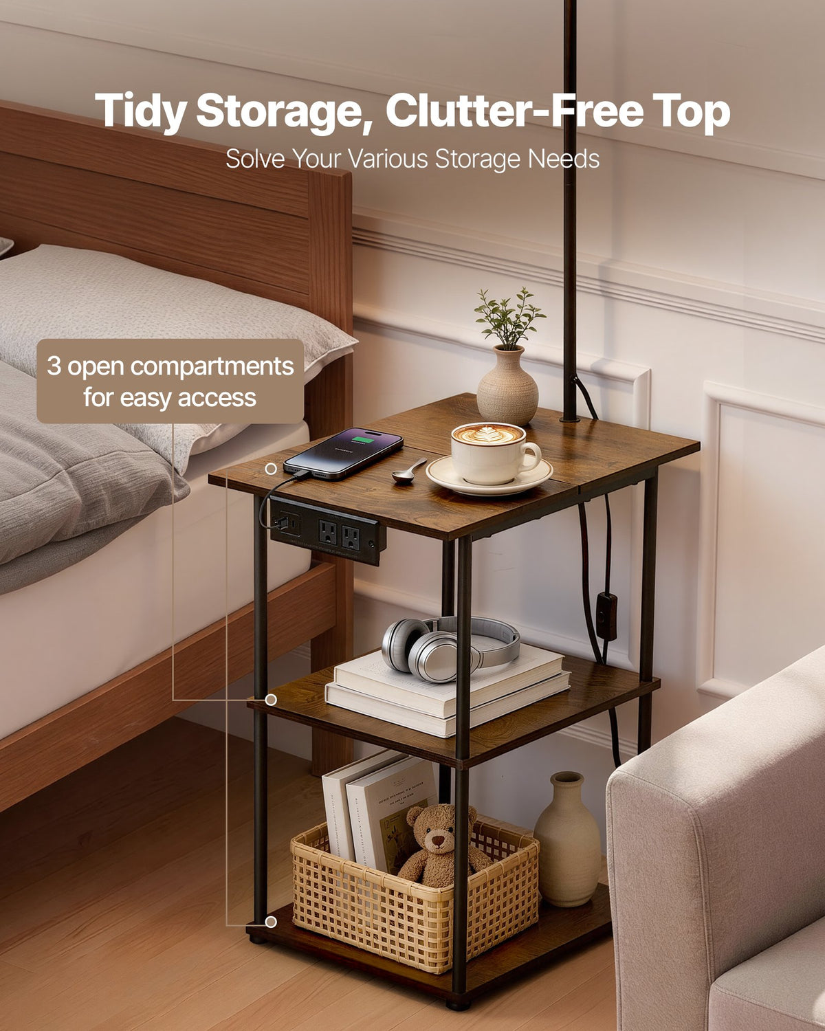 Farmhouse Industrial Floor Lamp with End Table, Storage Shelf & Charging Port, Black Finish — detail view 2