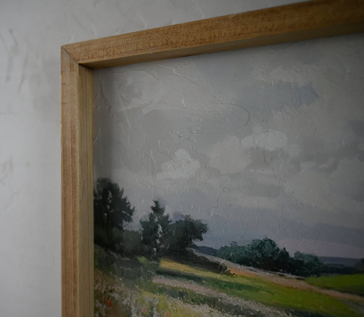 Vintage Framed Canvas Wall Art, Wildflower Meadow Landscape Print, Green and Ivory, for Dining Room — detail view