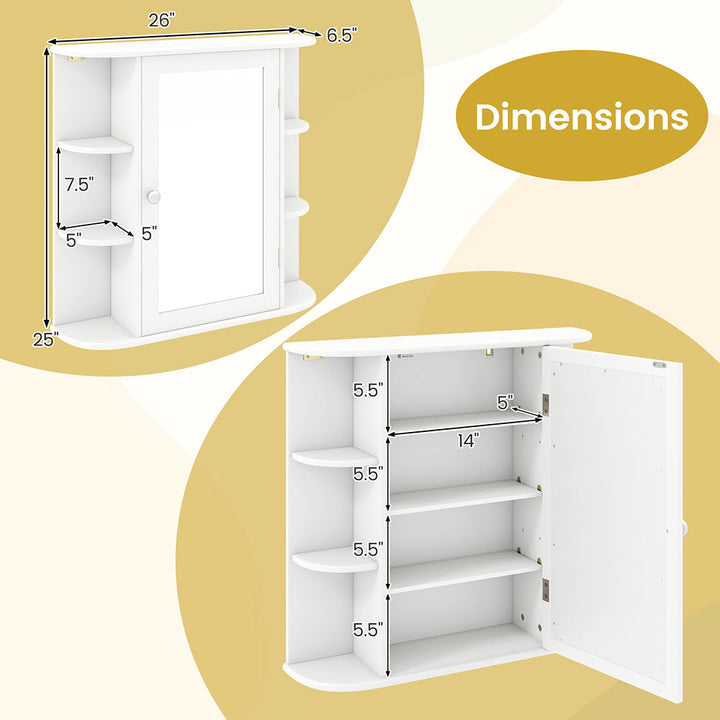 Dimension diagram for Wall-Mounted Bathroom Mirror Cabinet, Single Door with 4 Internal and 6 Open Shelves, White or Gray