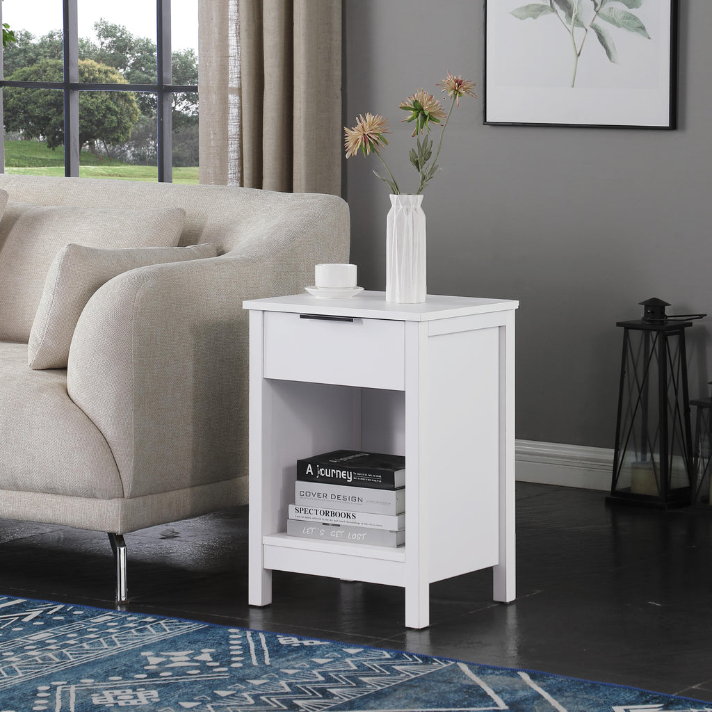 Three-Tier Nightstand with Storage Drawer, Retro White
