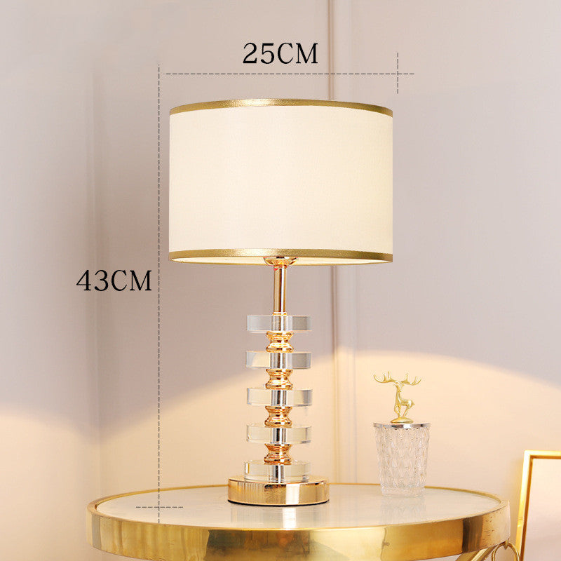 Stacked Crystal Table Lamp, Drum Shade with Gold Trim, 17 Inch