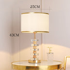 Stacked Crystal Table Lamp, Drum Shade with Gold Trim, 17 Inch