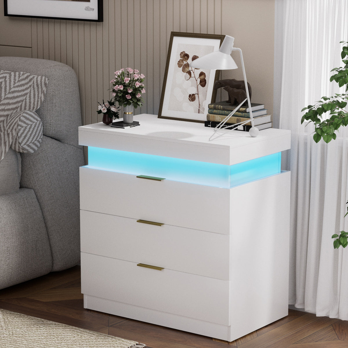LED Nightstand with Charging Station and Sliding Top, White