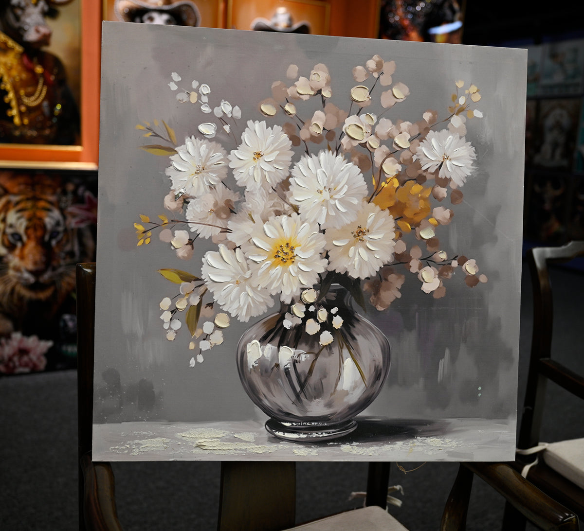 Chrysanthemum Vase Canvas Wall Art, Farmhouse Country Decor, White, for Bathroom — detail view 2