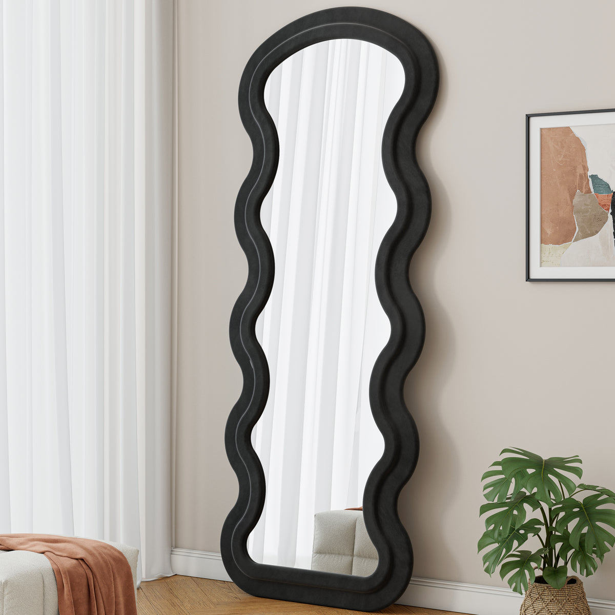 Wavy Full-Length Floor Mirror with Stand, Flannel Black Frame, for Bedroom — detail view