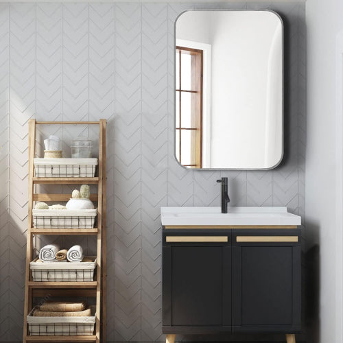 Rectangular Metal Framed Wall Mirror, Silver Frame, 24x36 in., for Bathroom Vanity — detail view