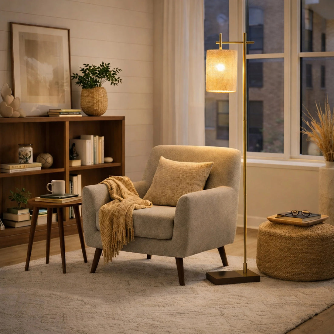 Tall Corner Floor Lamp, Bamboo Lampshade, Dark Brown & Gold Finish