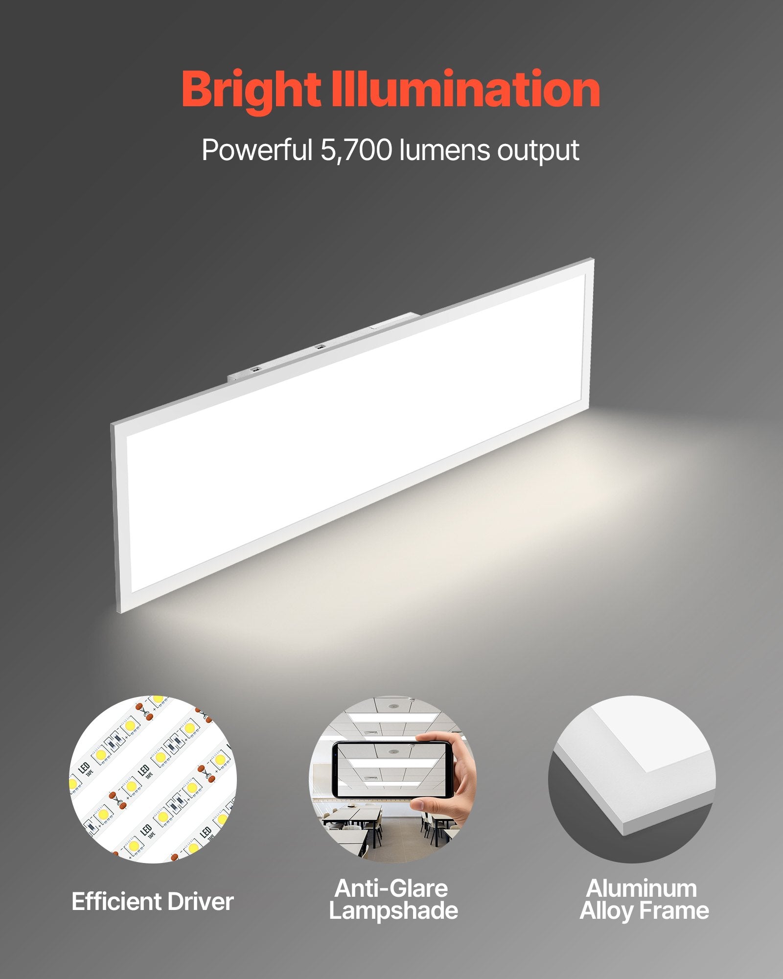 White LED Flat Panel Ceiling Light, 1x4 ft., High Color Rendering, 5700 Lumens