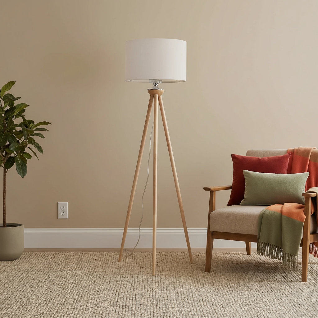Tall Corner LED Floor Lamp, Three-Legged Wood Base, Brown Finish