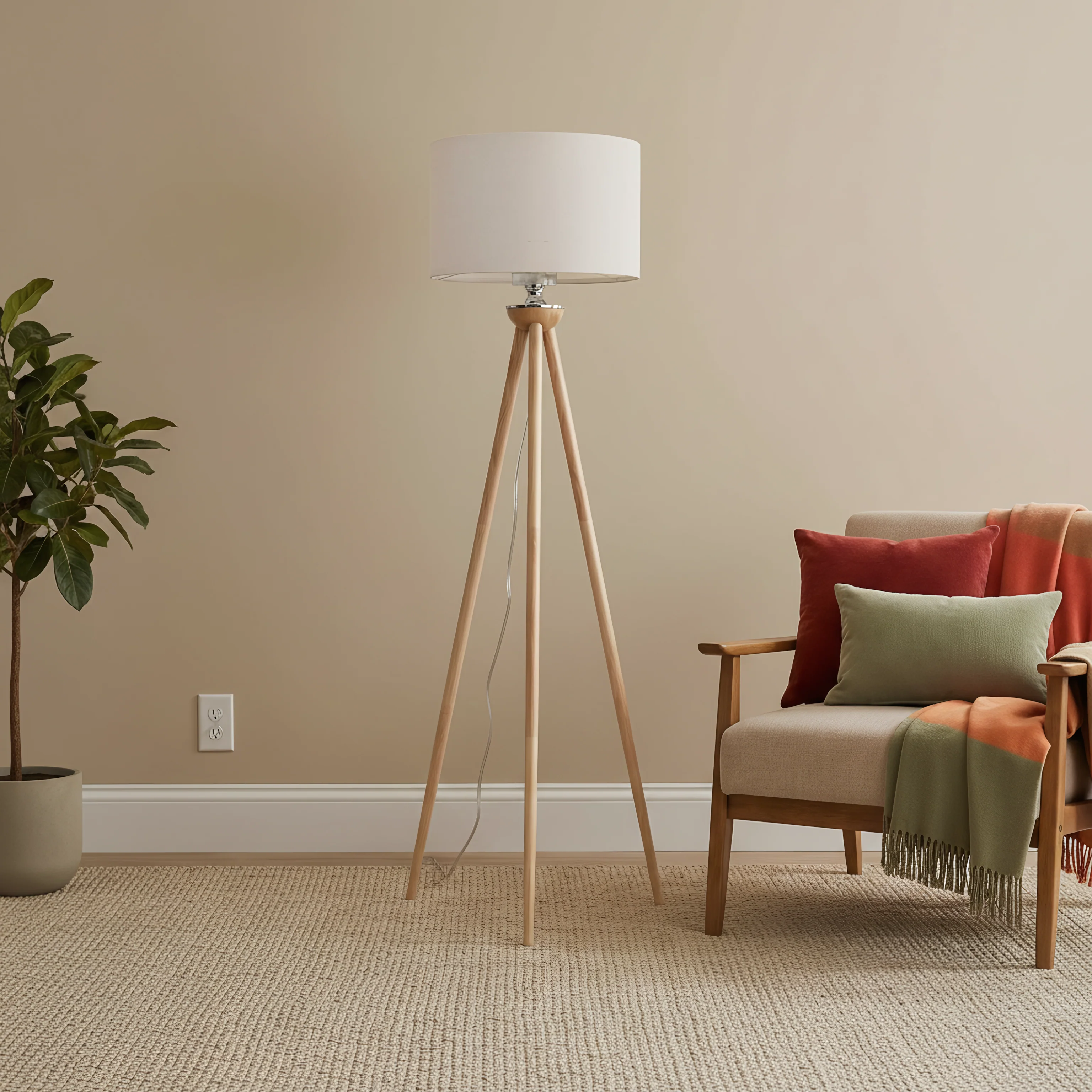 Tall Corner LED Floor Lamp, Three-Legged Wood Base, Brown Finish